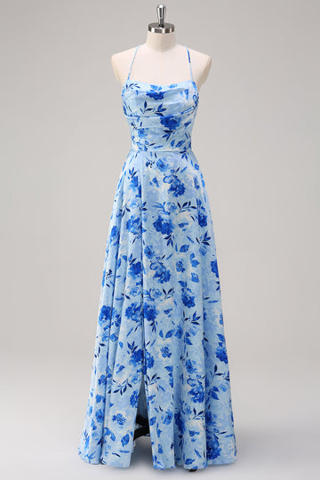 Blue Floral A Line Spaghetti Straps Maxi Dress With Slit